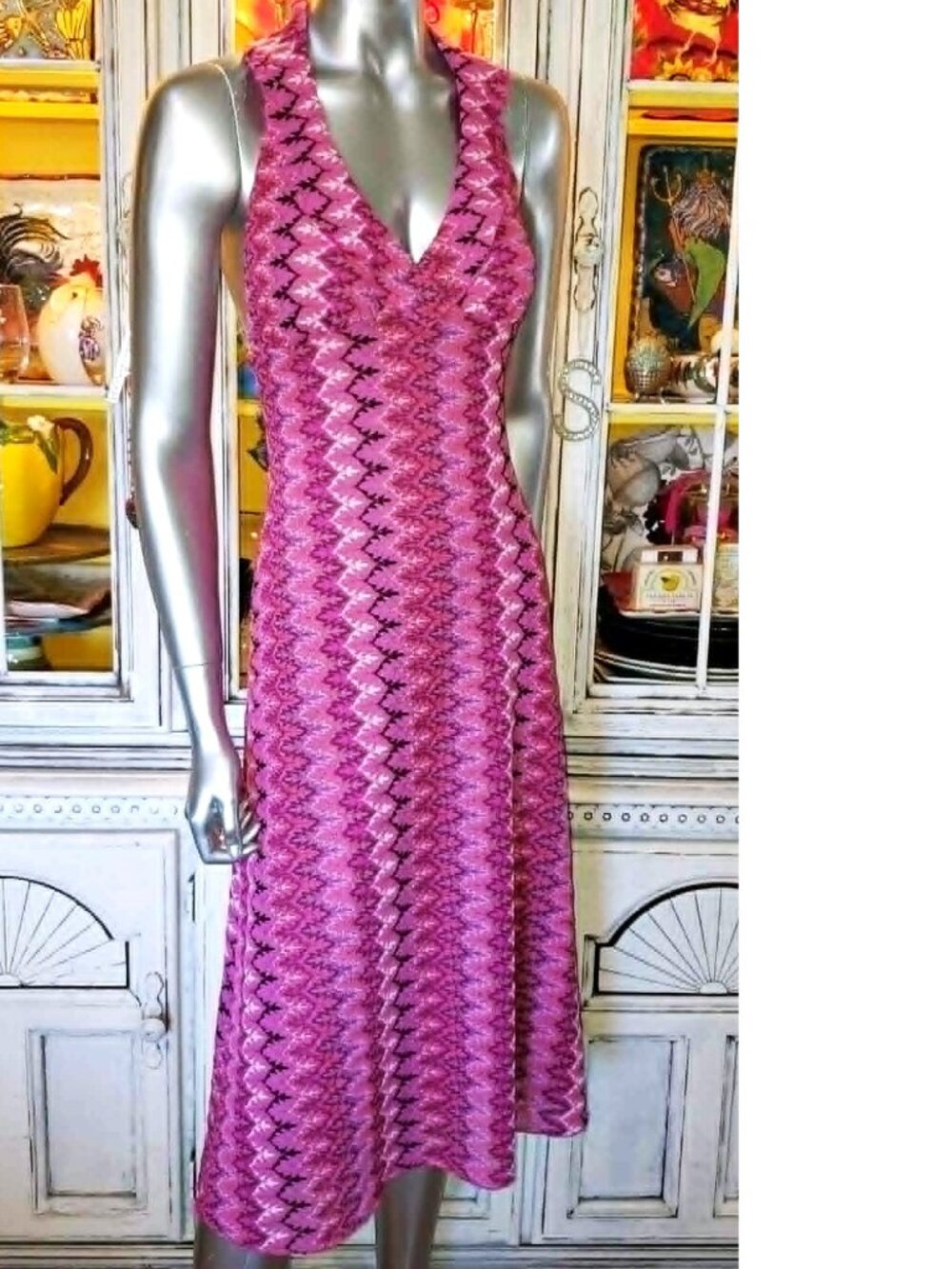 Betsey Johnson Vintage New York Y2K 90s Open Woven Knit Pink Midi Halter Dress S - Picture 3 of 16